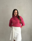 Gestreifter Kurzarm - Pullover mit Quarter - Zip und Kragen - Switch - Fashion