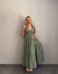 Gestuftes Maxi Kleid mit Spaghettiträgern – 100% Baumwolle