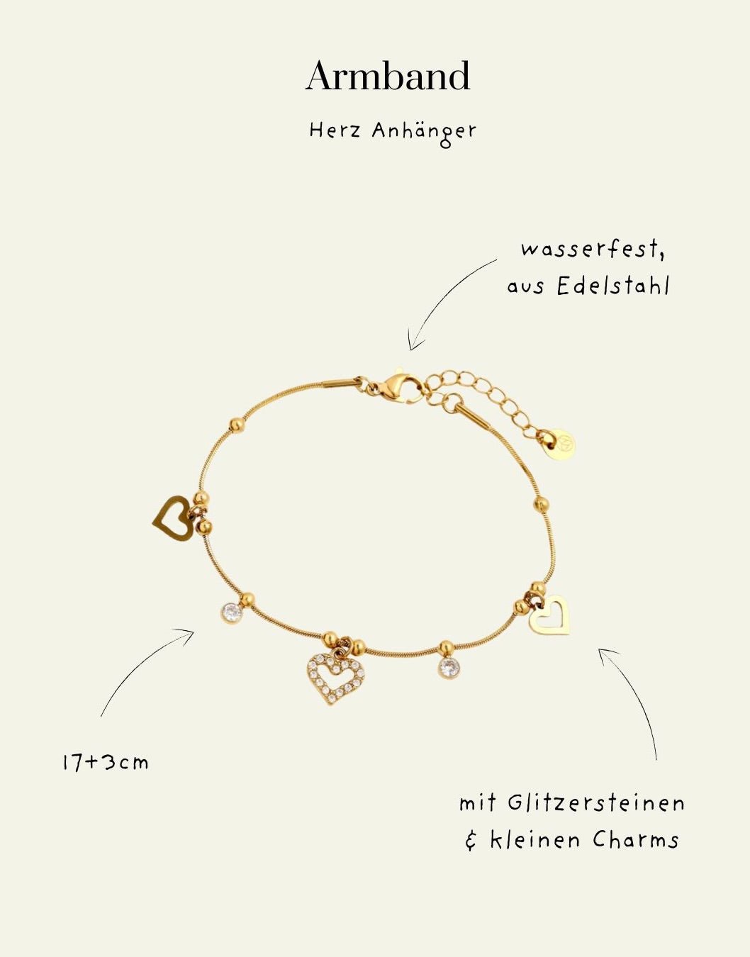 Goldfarbenes Armband mit Herz-Anhänger & Glitzersteinen