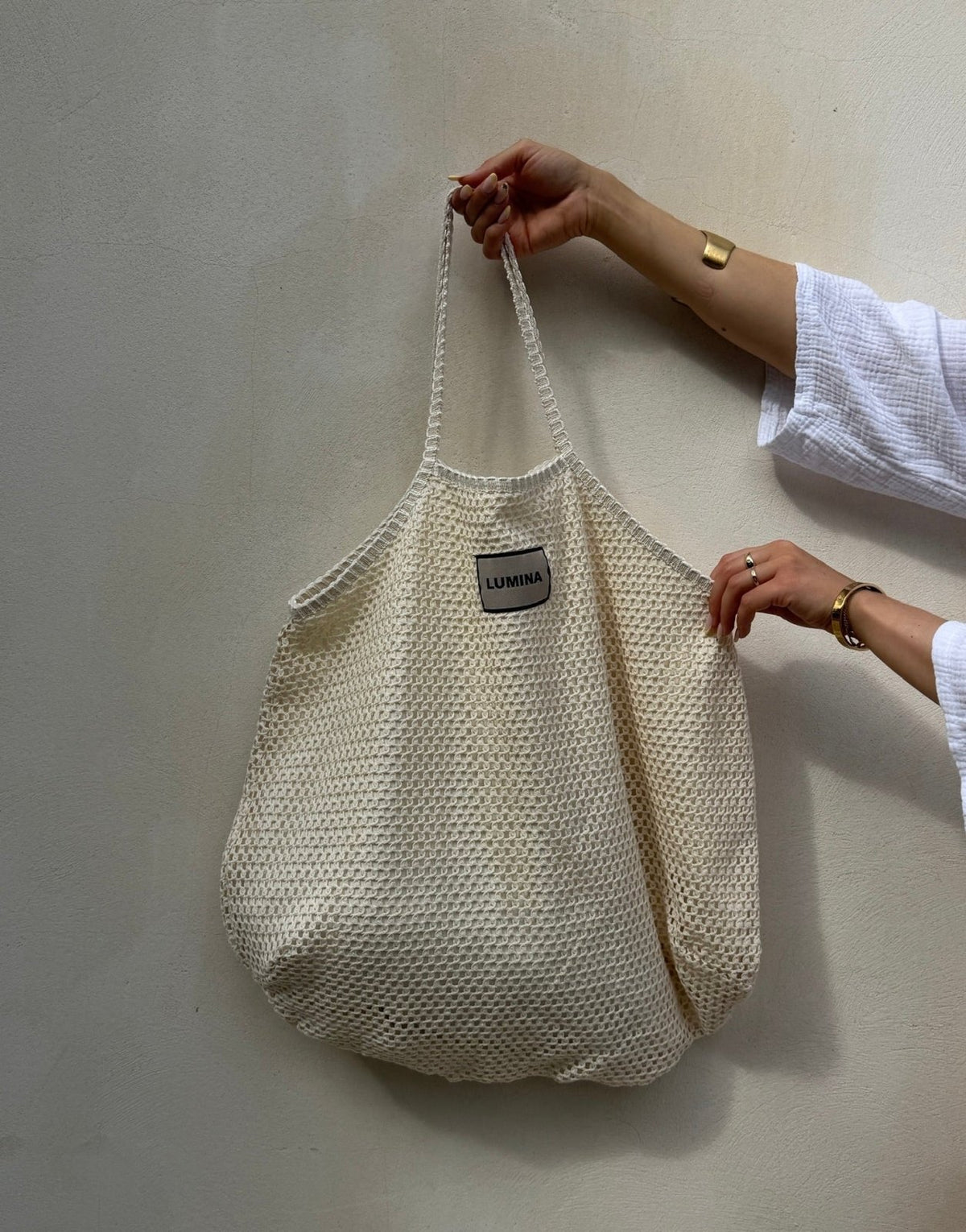 Häkel Strandtasche – Beutelform, 100% Baumwolle, Beige - Switch-Fashion