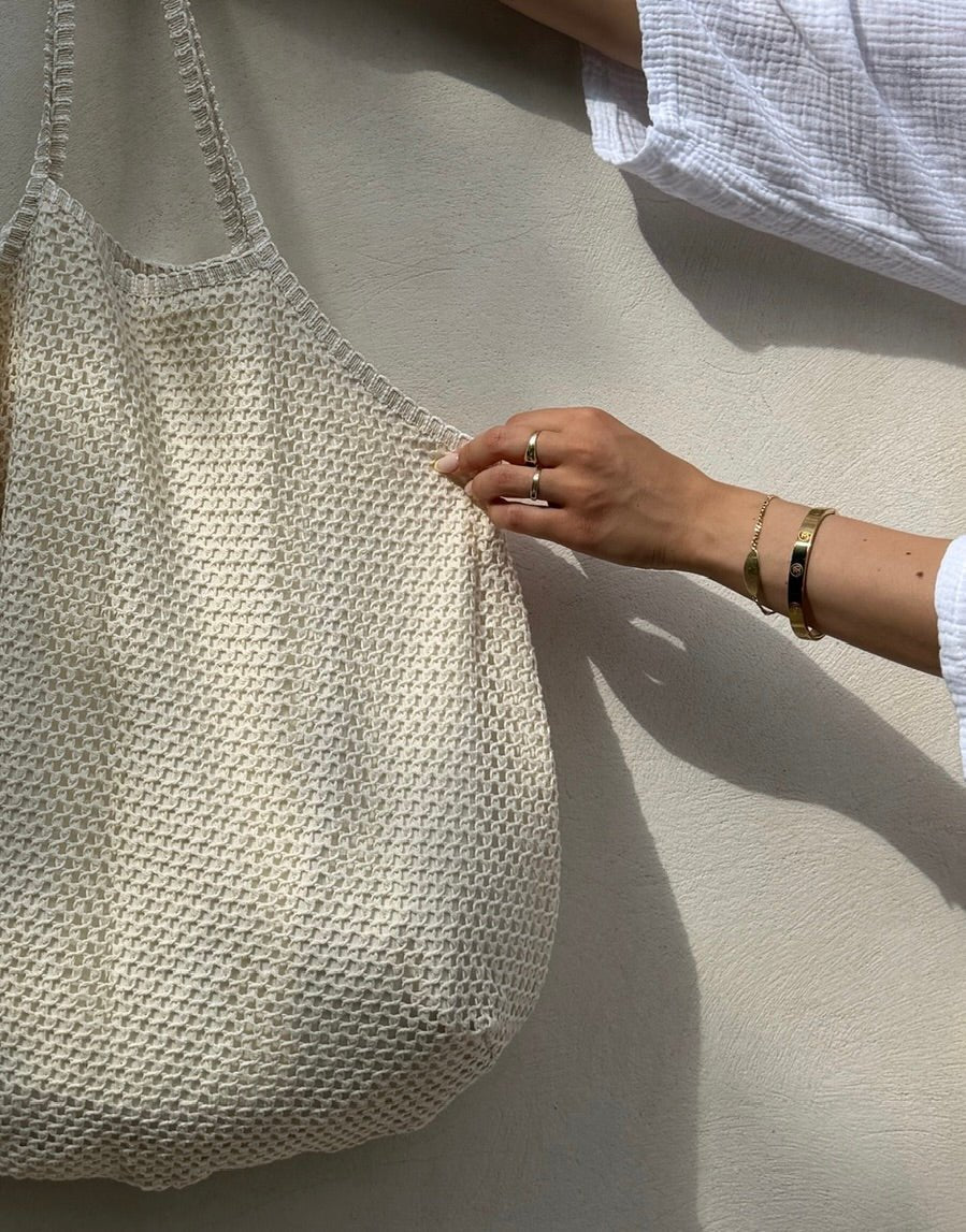 Häkel Strandtasche – Beutelform, 100% Baumwolle, Beige - Switch-Fashion