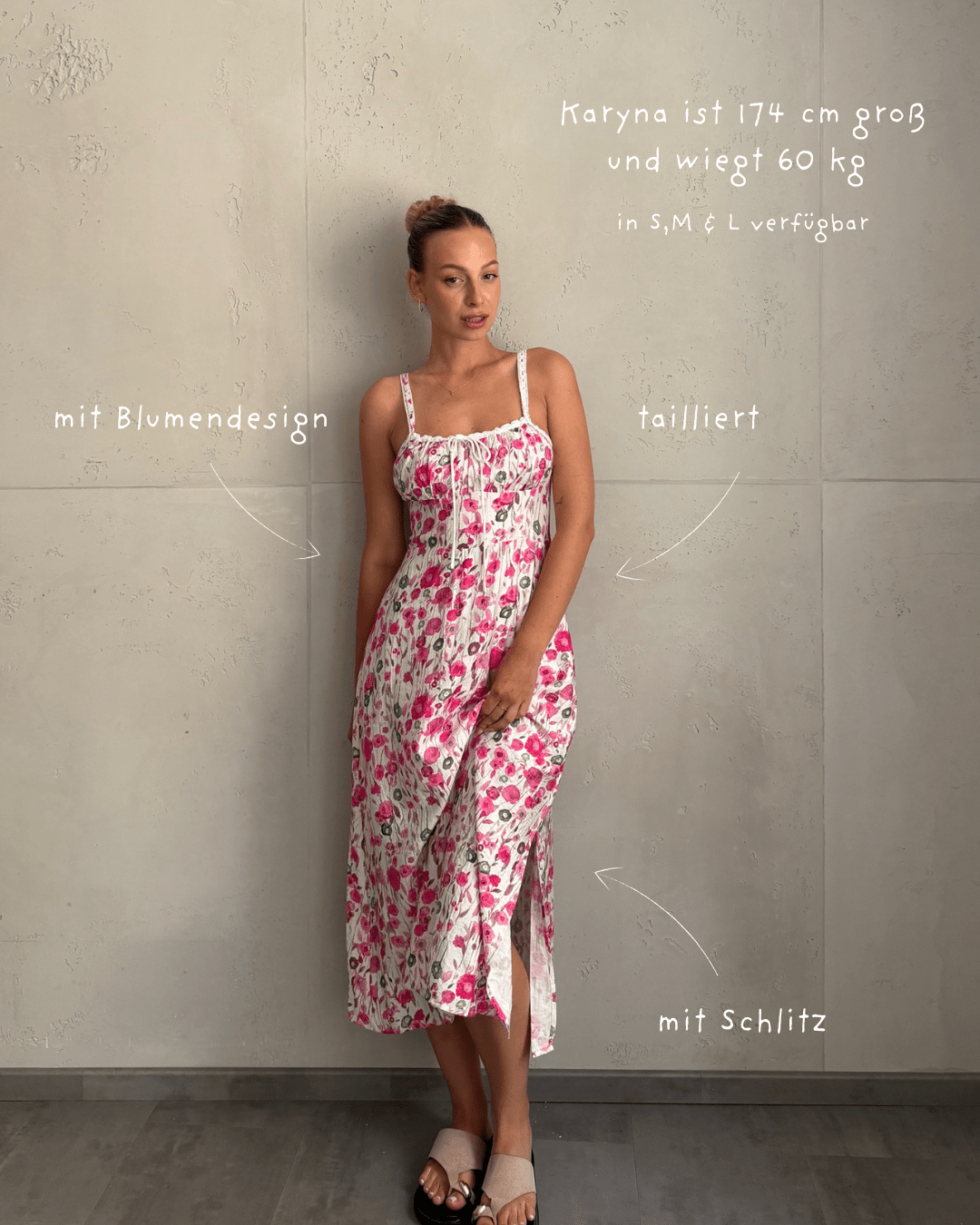 Kleid mit Häkelträgern, Taillierung und Schlitz in Blumenprint - Switch-Fashion