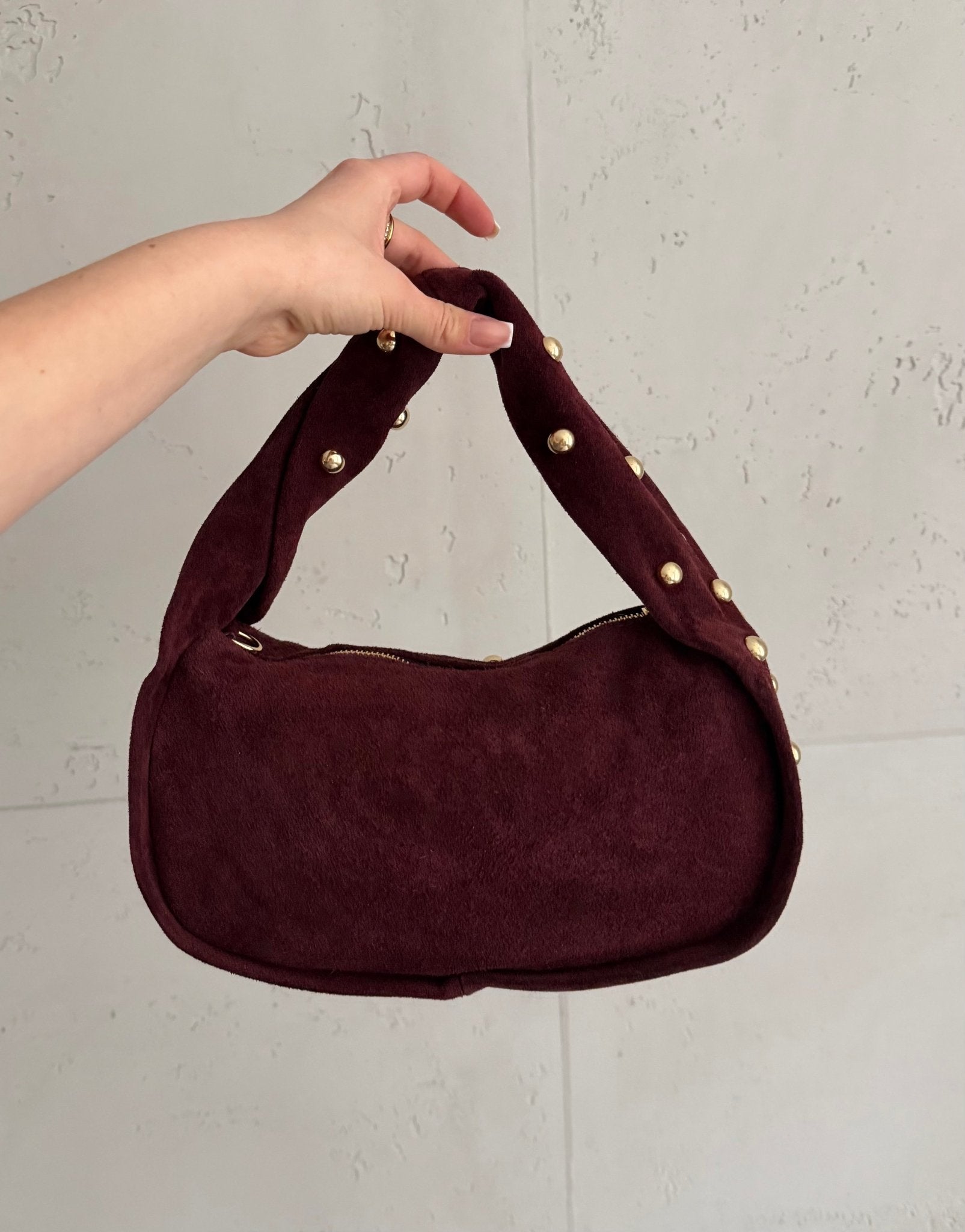 Kleine Leder - Handtasche mit Nieten – Burgundy / Braun - Switch - Fashion
