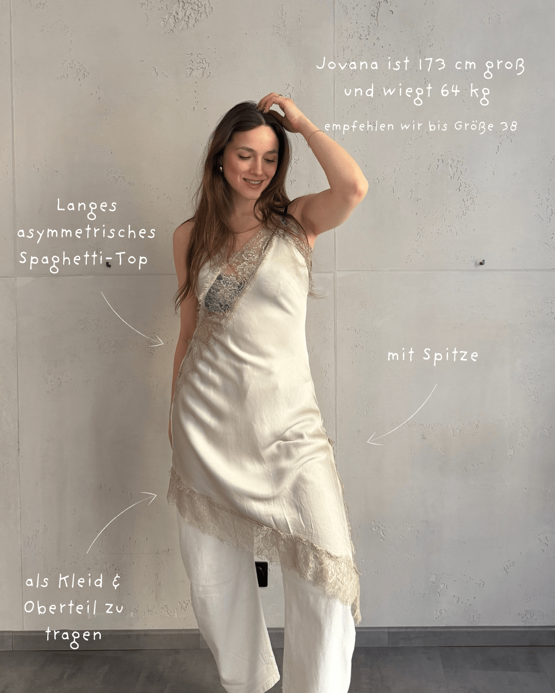Langes asymmetrisches Spaghetti - Top mit Spitze - Switch - Fashion