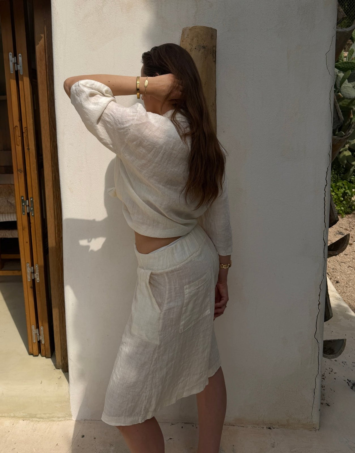 Leinen Bermuda Shorts – Wide Fit, Gummibund, Offwhite - Switch-Fashion