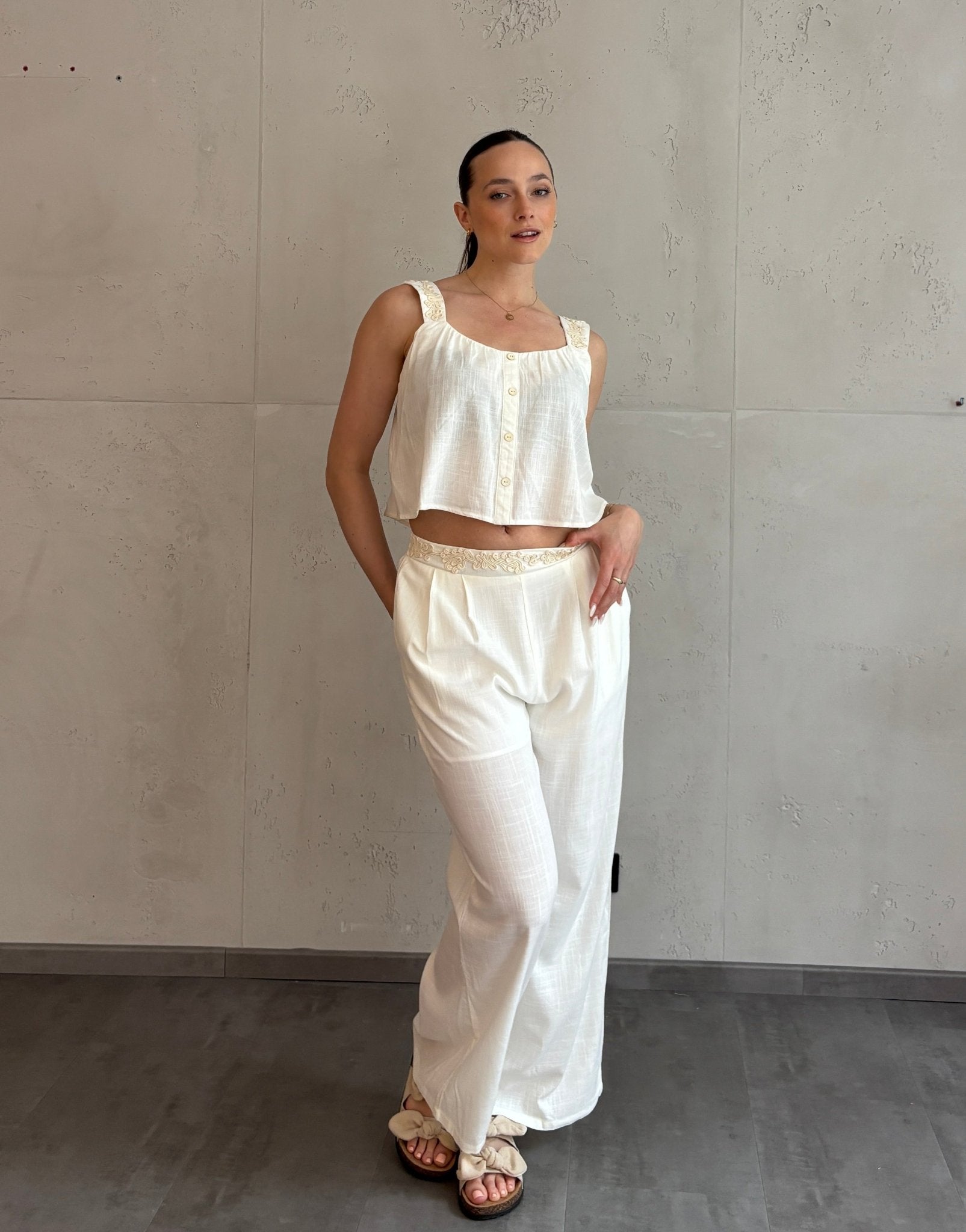 Leinen Hose mit Stickerei - Switch - Fashion