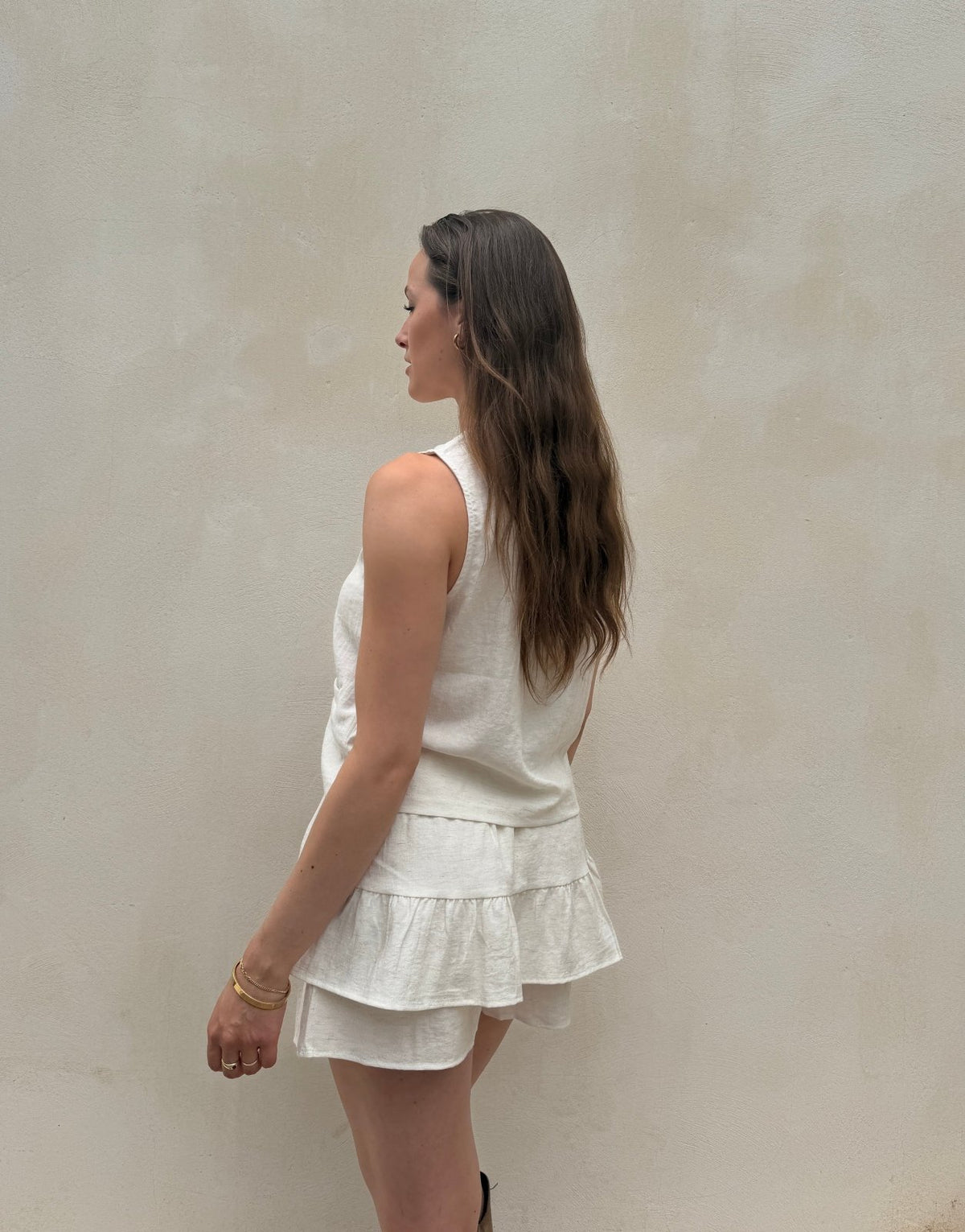 Leinen Look Mini Skort – Kordelzug, Beige, Teil des Sets - Switch-Fashion