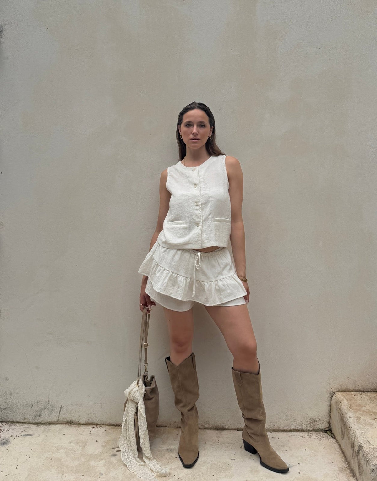 Leinen Look Mini Skort – Kordelzug, Beige, Teil des Sets - Switch-Fashion