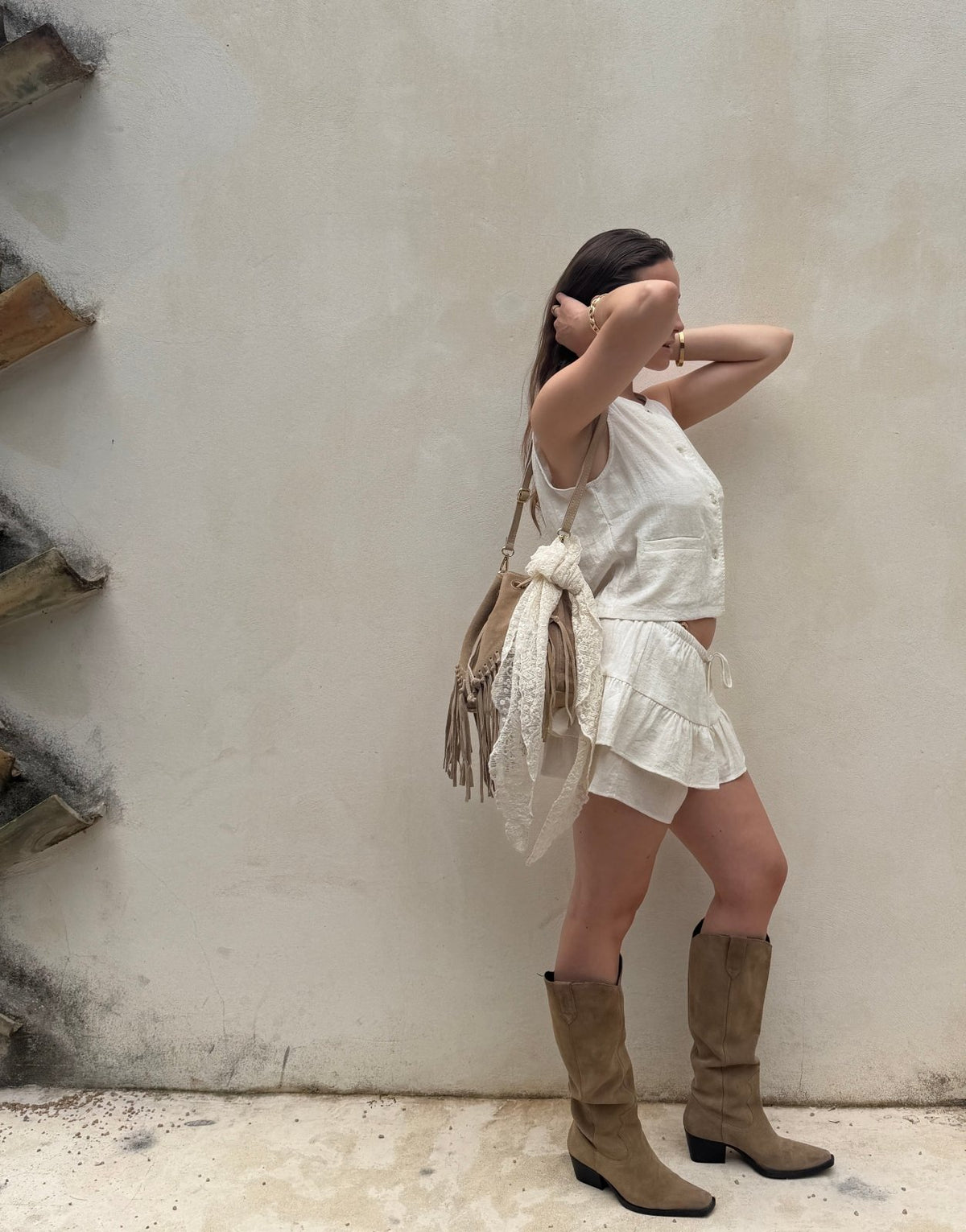 Leinen Look Mini Skort – Kordelzug, Beige, Teil des Sets - Switch-Fashion