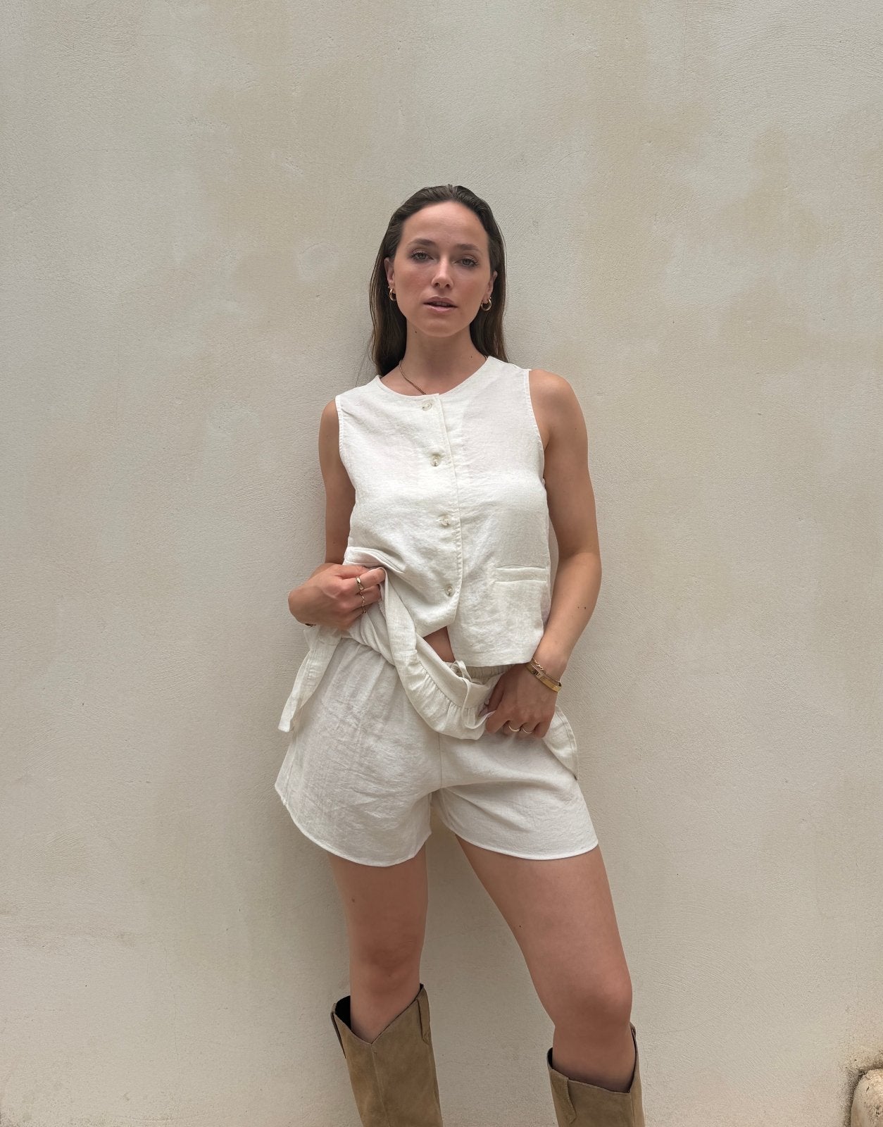 Leinen Look Mini Skort – Kordelzug, Beige, Teil des Sets - Switch-Fashion
