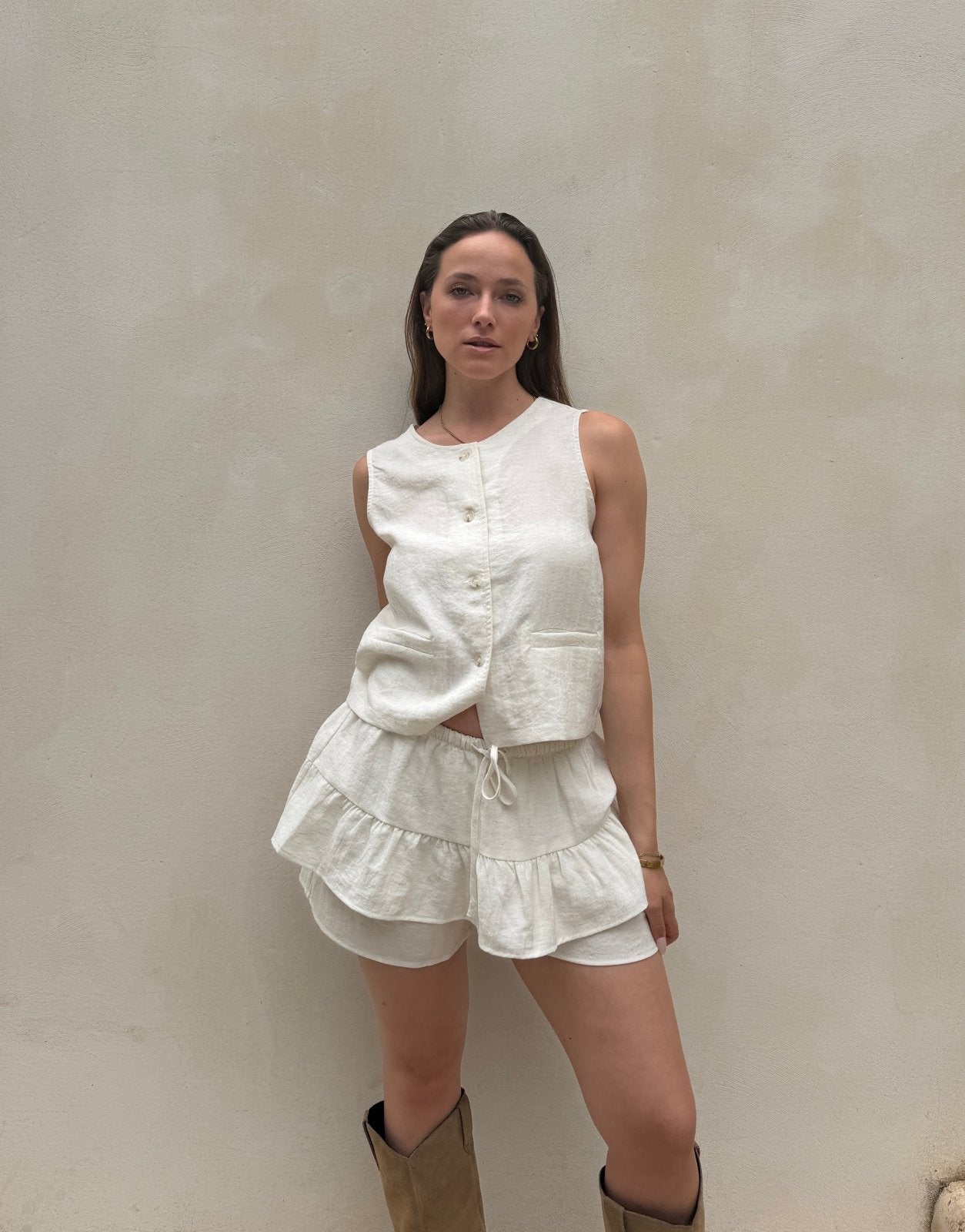 Leinen Look Weste – Geknöpft, Taschen, Teil des Sets - Switch-Fashion
