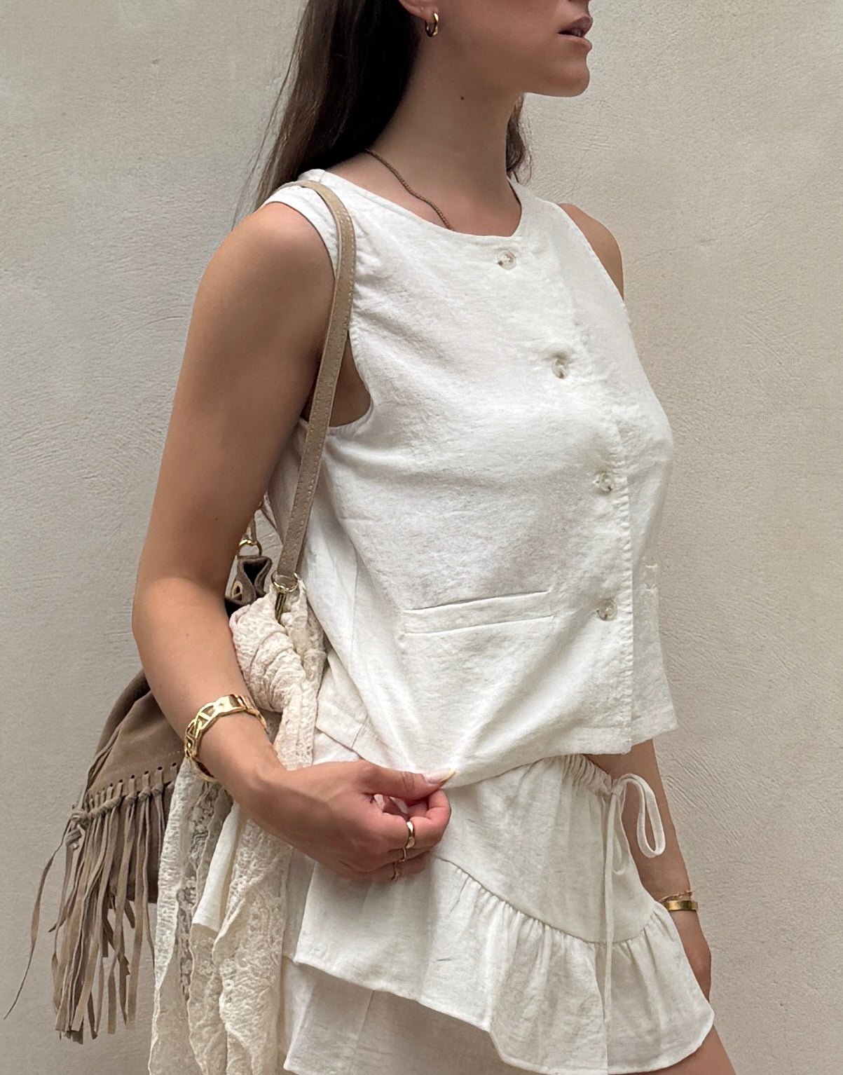 Leinen Look Weste – Geknöpft, Taschen, Teil des Sets - Switch-Fashion