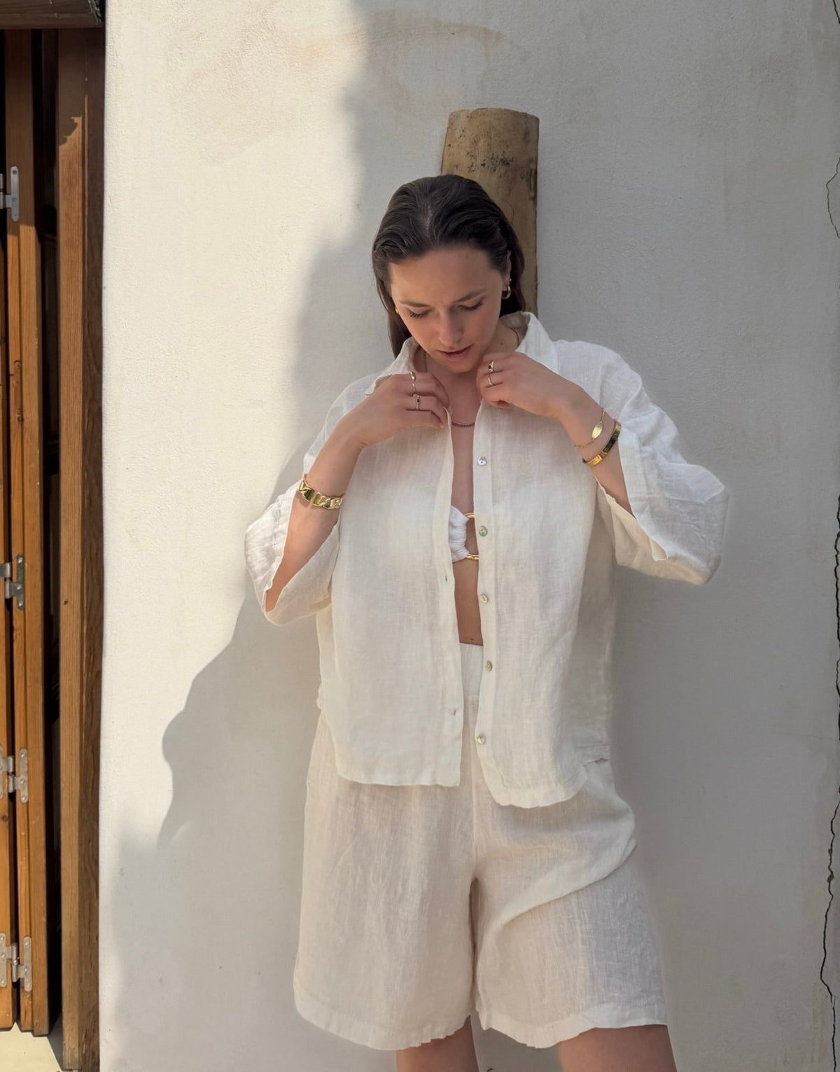Leinen Shirt – Oversized, Hemdkragen, 3/4 Arm, Offwhite - Switch-Fashion