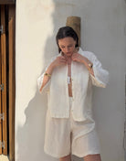 Leinen Shirt – Oversized, Hemdkragen, 3/4 Arm, Offwhite - Switch-Fashion