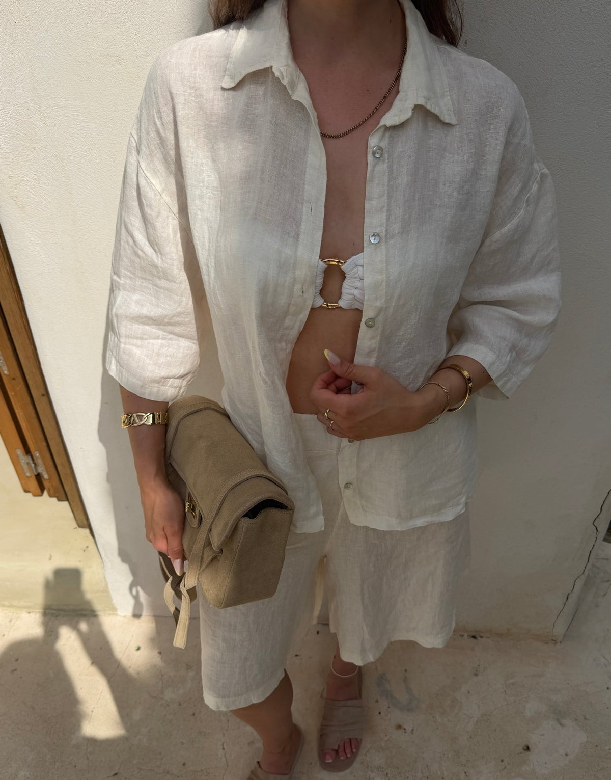 Leinen Shirt – Oversized, Hemdkragen, 3/4 Arm, Offwhite - Switch-Fashion