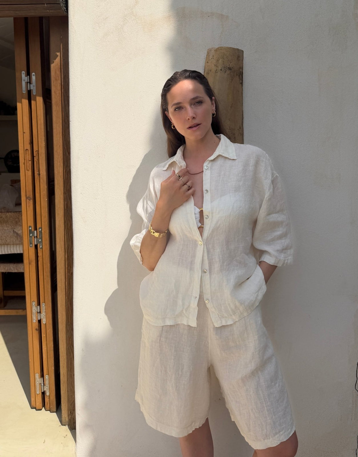 Leinen Shirt – Oversized, Hemdkragen, 3/4 Arm, Offwhite - Switch-Fashion