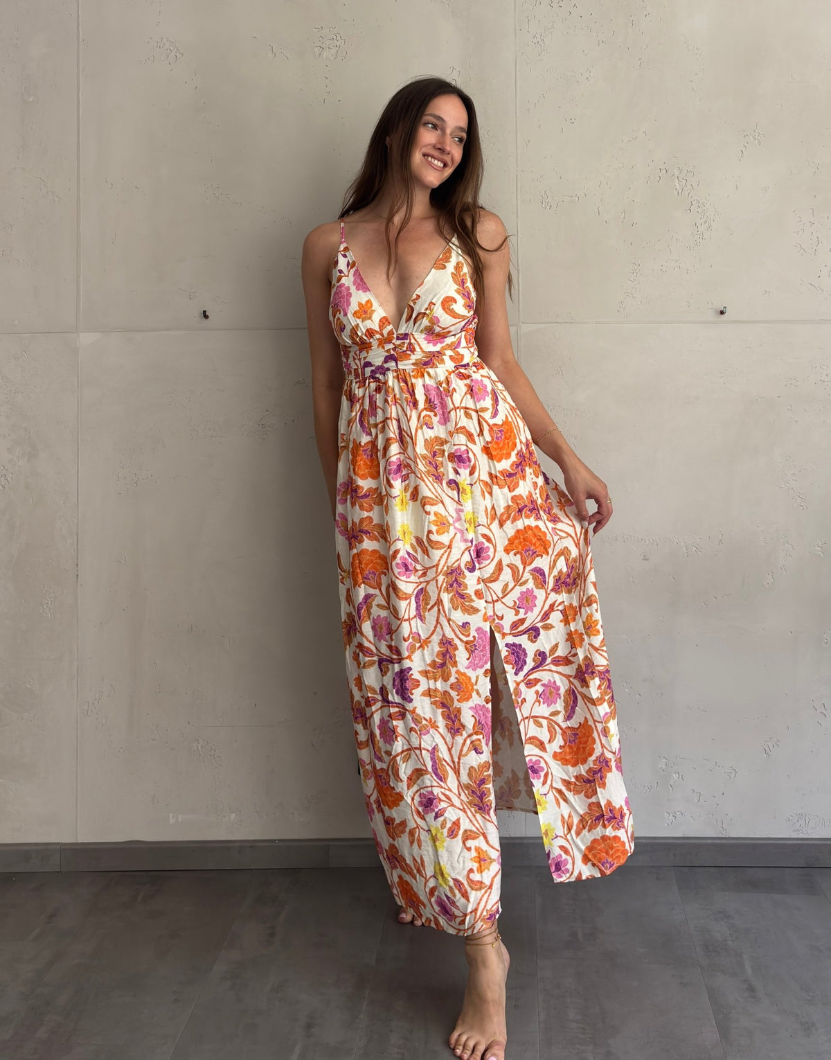 Maxi Flowerprint Kleid mit Schlitz & verstellbaren Spaghettiträgern