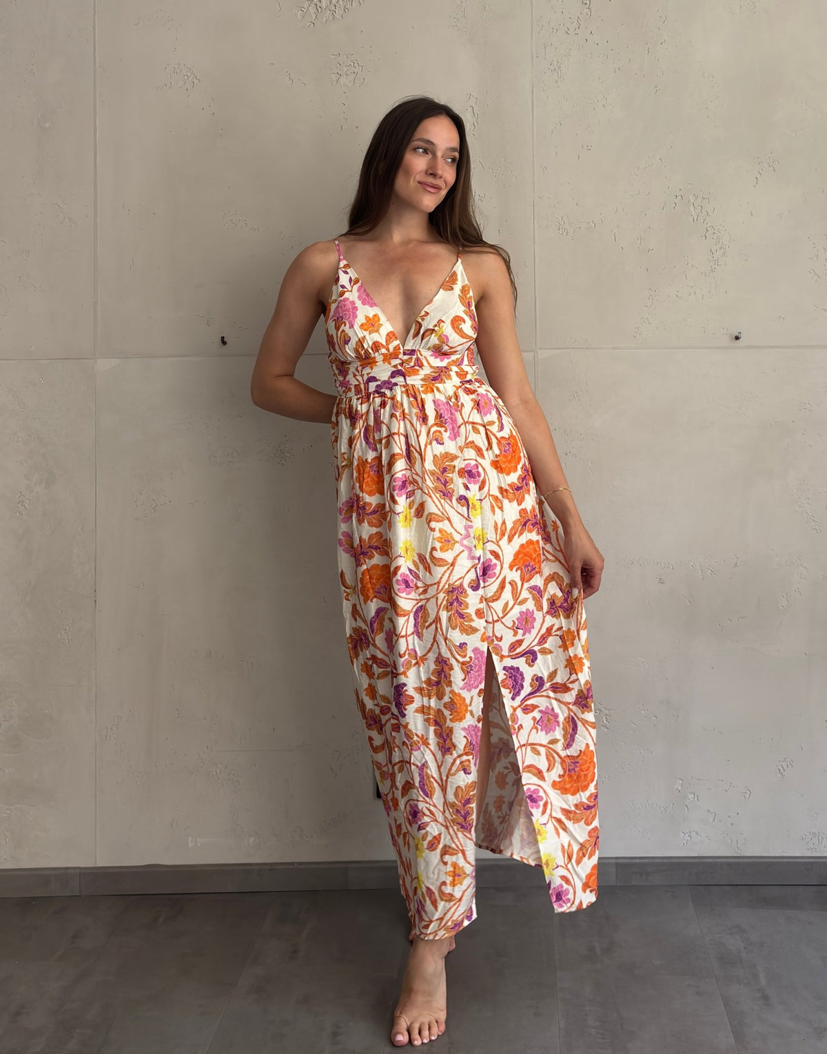 Maxi Flowerprint Kleid mit Schlitz & verstellbaren Spaghettiträgern