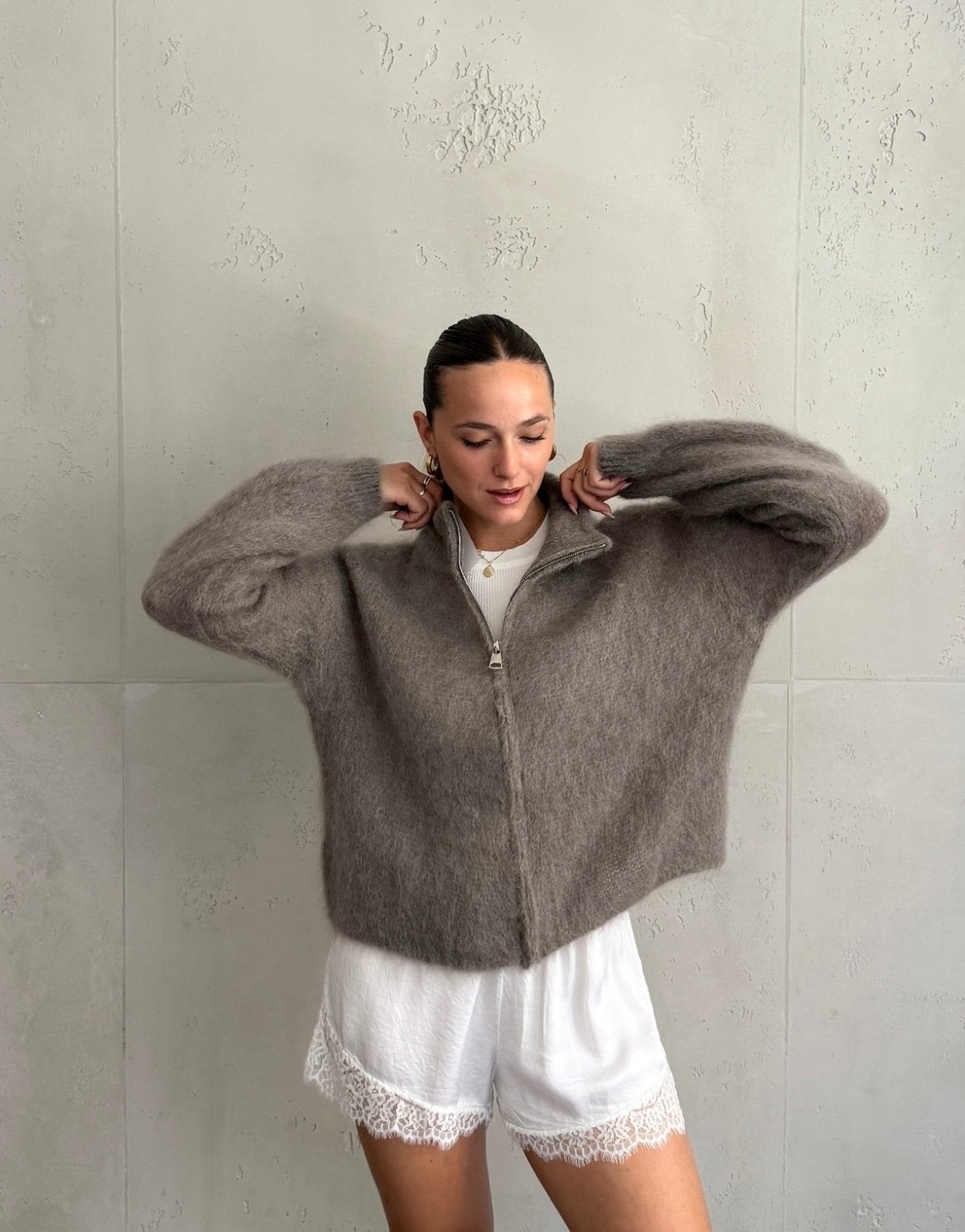 Mohair Zip-Strickjacke 80% mit Stehkragen - Switch-Fashion