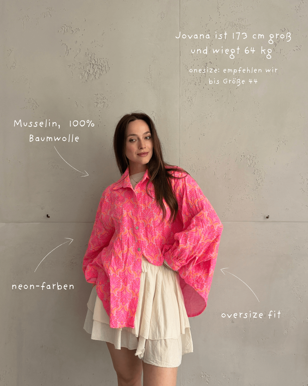 Musselin Bluse mit Neon - Muster – Oversize, durchgeknöpft, 100% Baumwolle - Switch - Fashion