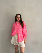 Musselin Bluse mit Neon - Muster – Oversize, durchgeknöpft, 100% Baumwolle - Switch - Fashion