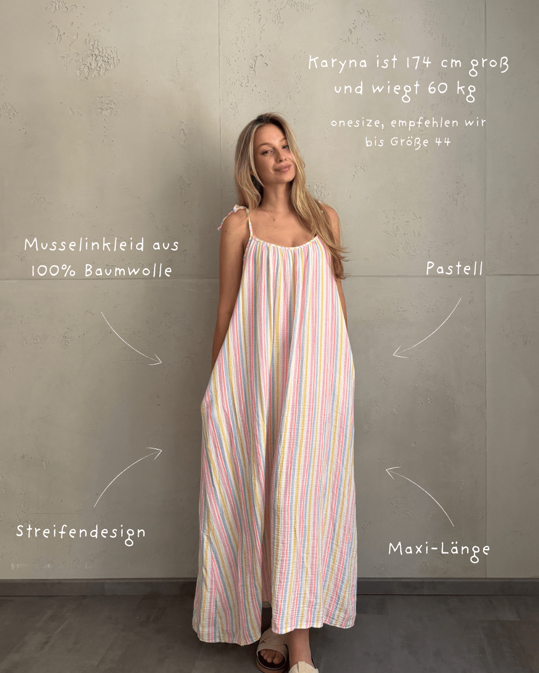 Musselin Maxikleid mit Pastellstreifen & Spaghettiträgern – 100% Baumwolle - Switch - Fashion