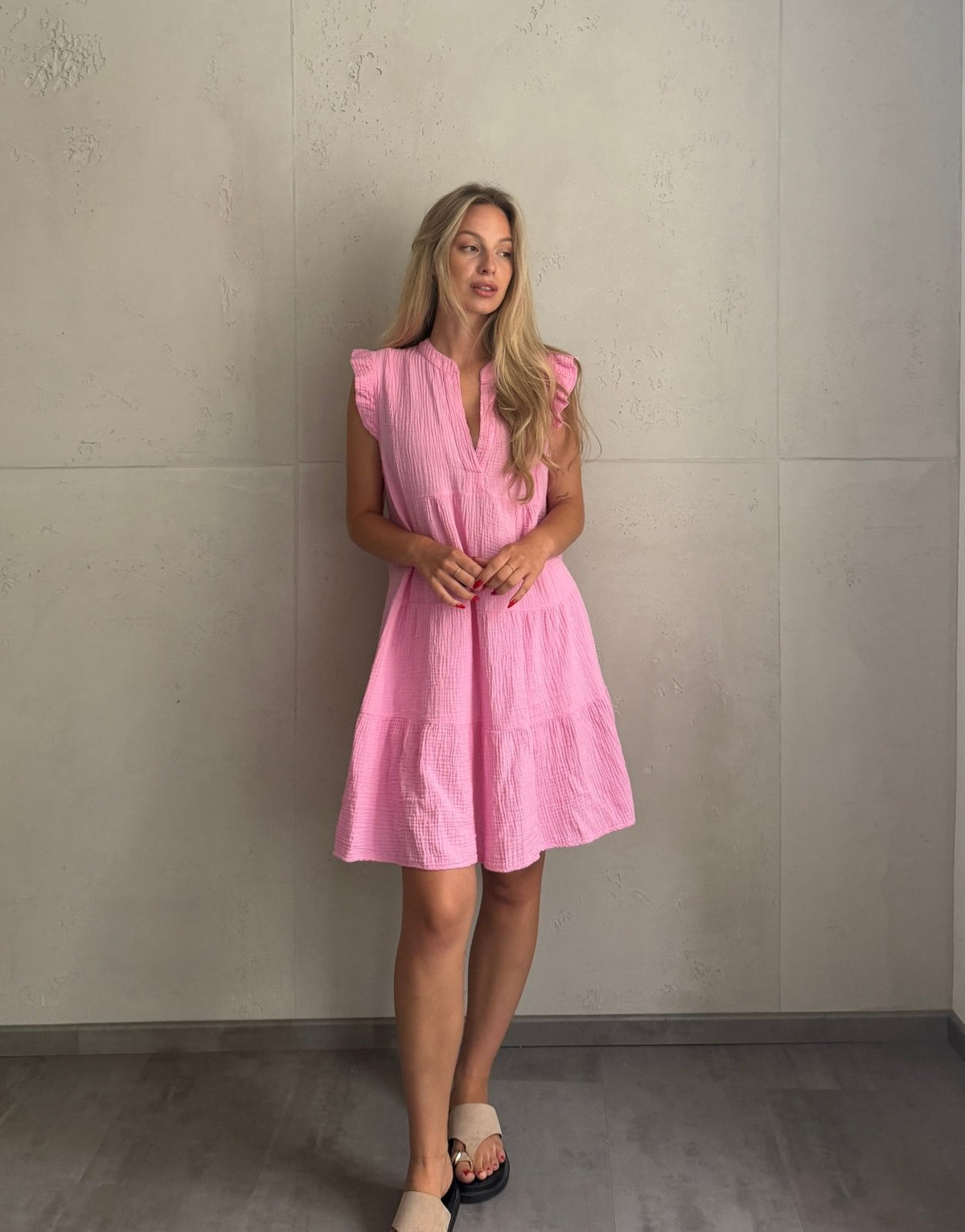 Musselin Minikleid Uni mit Rüschenärmel – 100% Baumwolle - Switch-Fashion