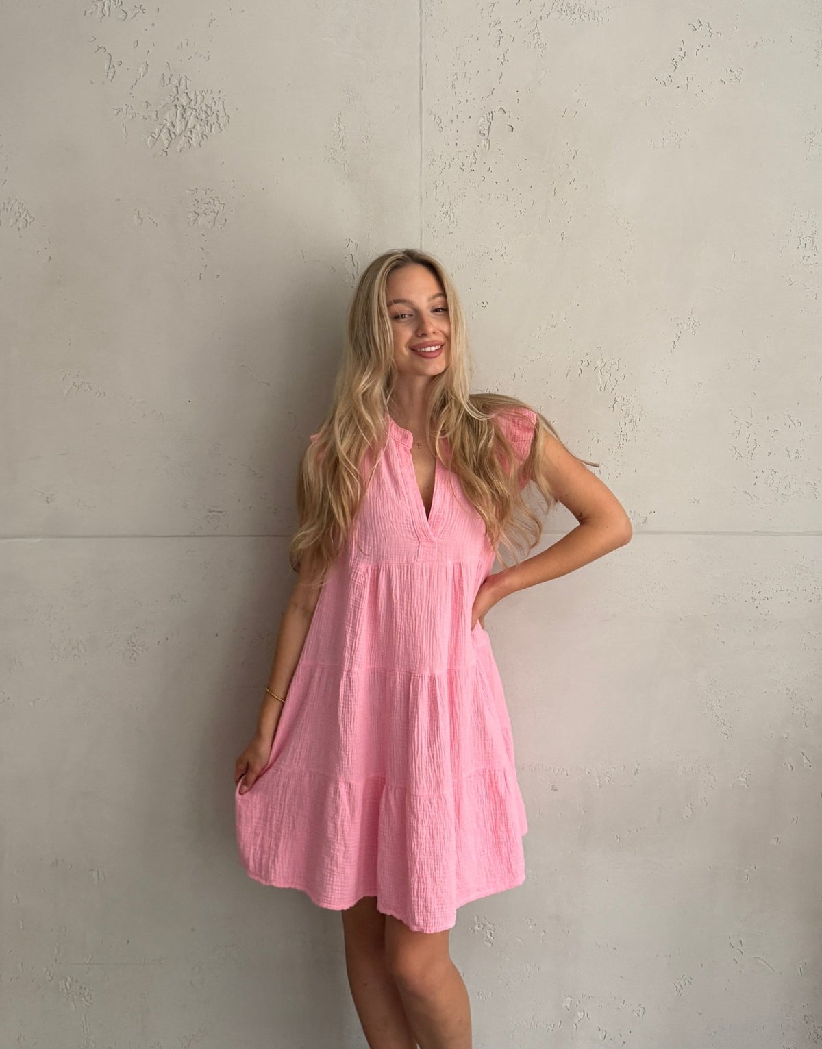 Musselin Minikleid Uni mit Rüschenärmel – 100% Baumwolle - Switch-Fashion