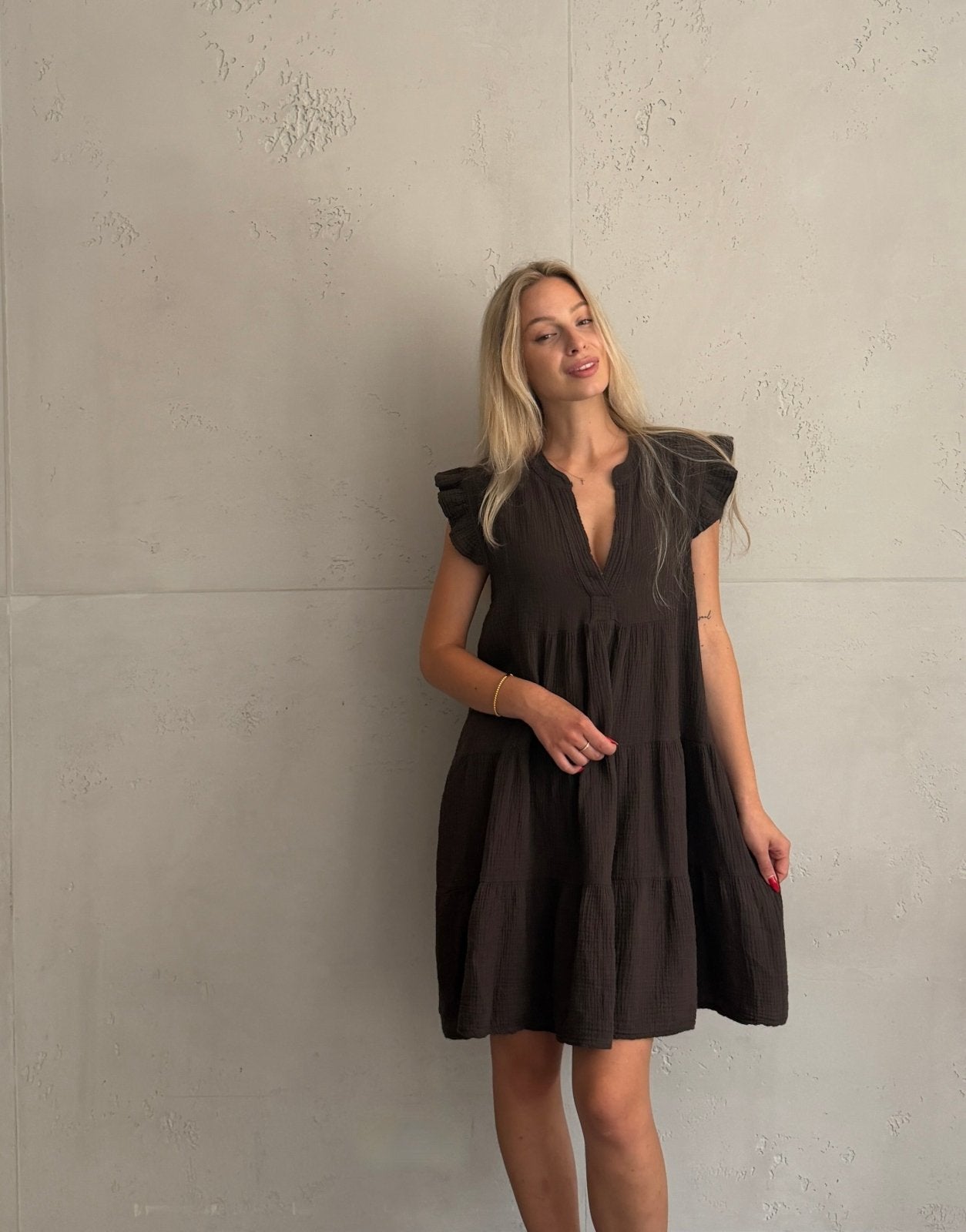 Musselin Minikleid Uni mit Rüschenärmel – 100% Baumwolle - Switch-Fashion