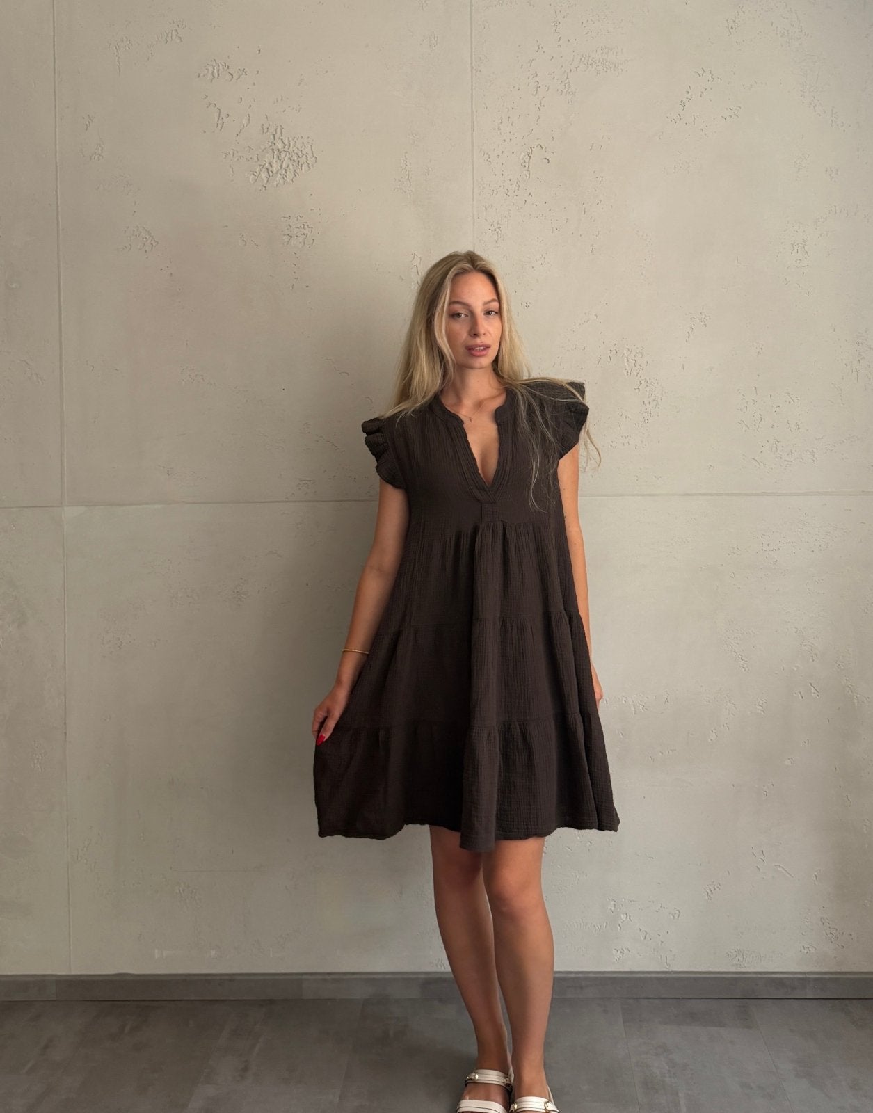 Musselin Minikleid Uni mit Rüschenärmel – 100% Baumwolle - Switch-Fashion