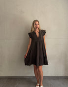 Musselin Minikleid Uni mit Rüschenärmel – 100% Baumwolle - Switch-Fashion