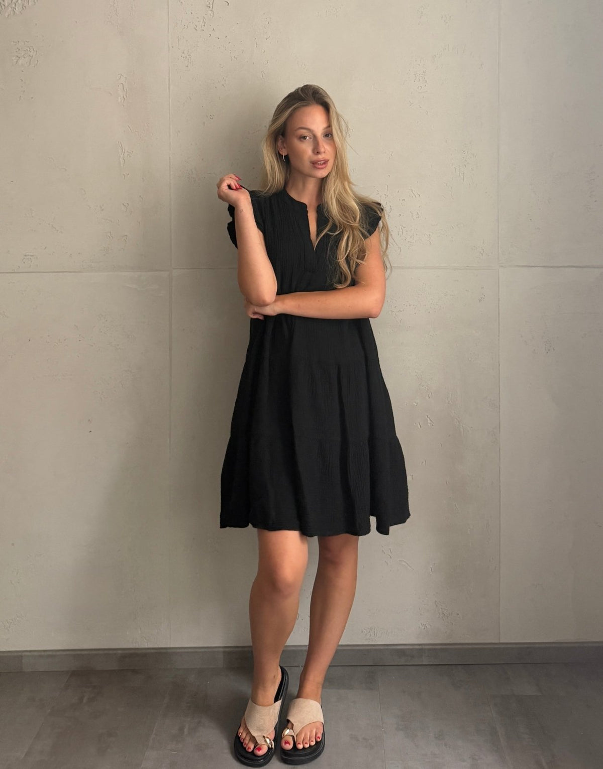 Musselin Minikleid Uni mit Rüschenärmel – 100% Baumwolle - Switch-Fashion