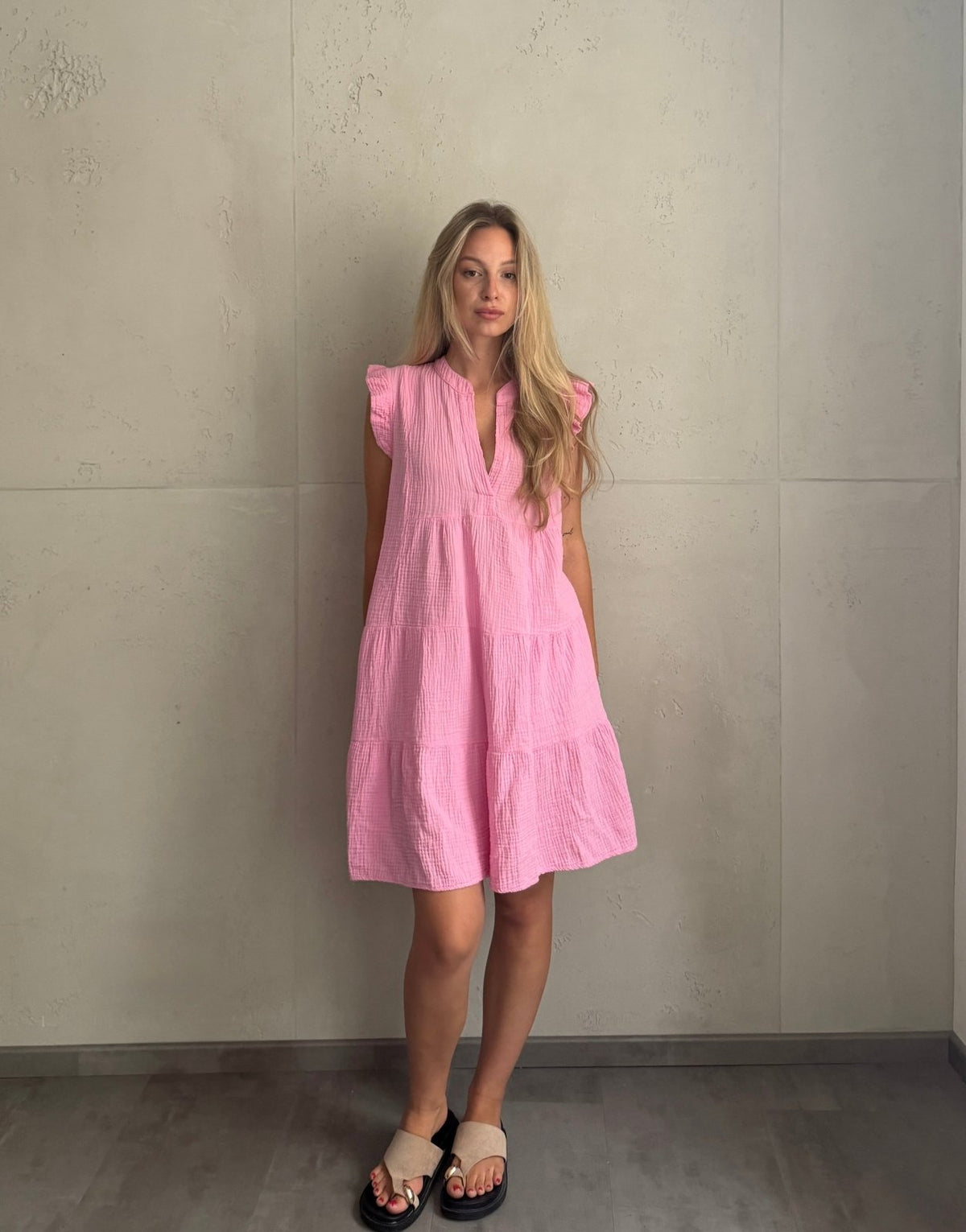 Musselin Minikleid Uni mit Rüschenärmel – 100% Baumwolle - Switch-Fashion