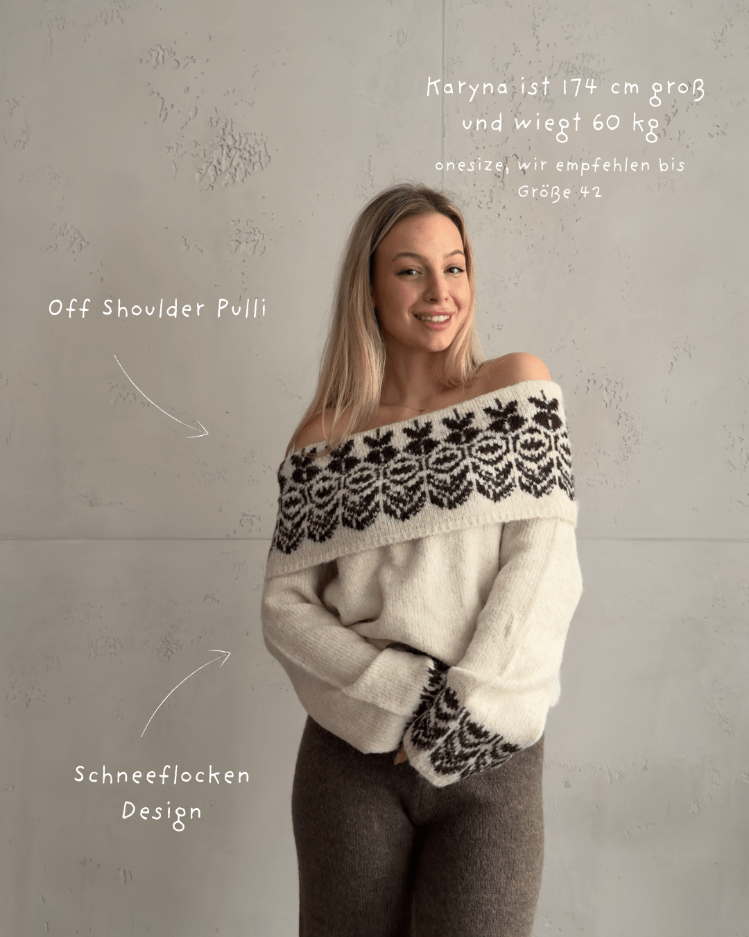 Off - Shoulder Strickpullover mit Schneeflocken Design - Switch - Fashion