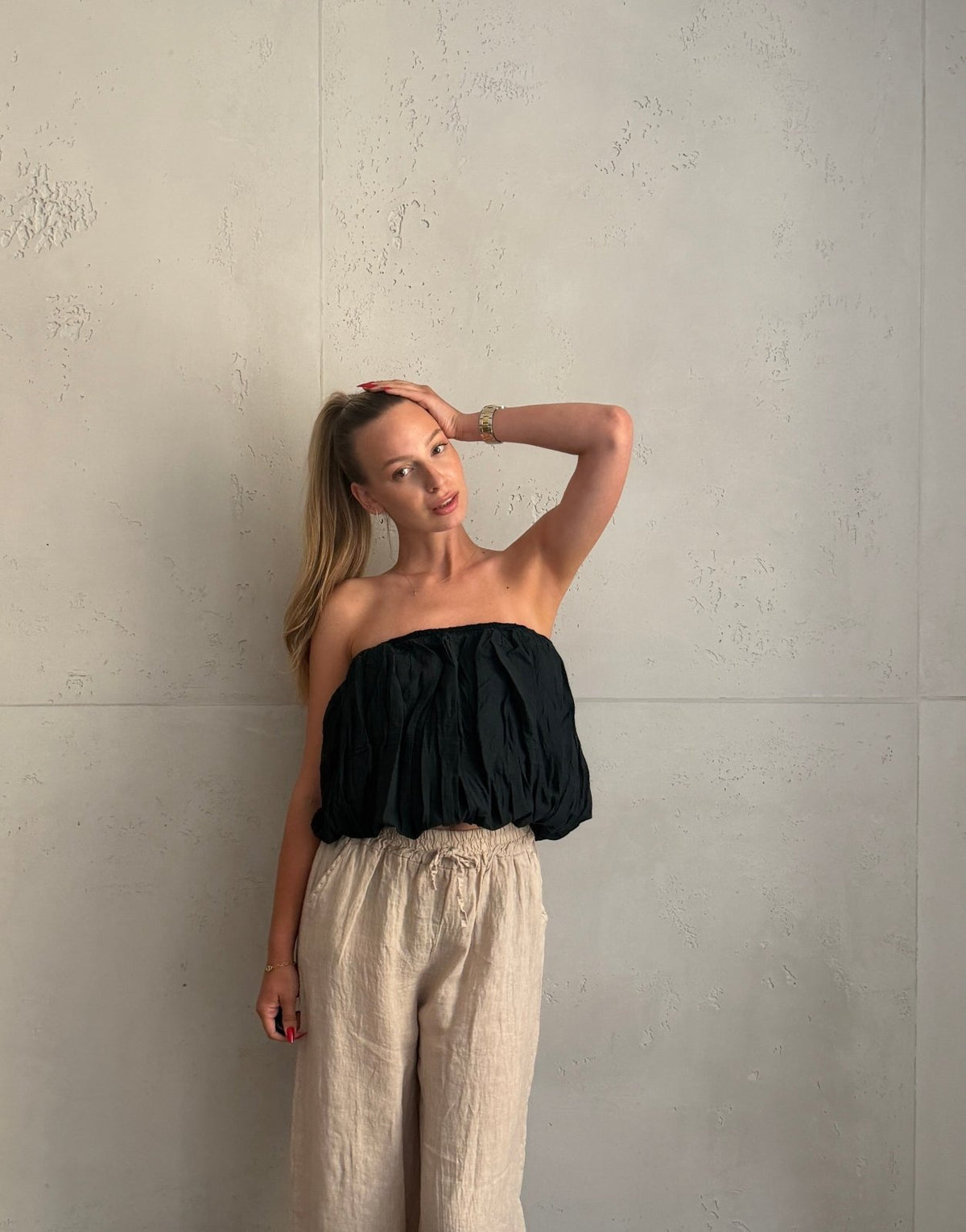 Schulterfreies Bandeau Top mit breitem Gummizug in Uni - Switch-Fashion