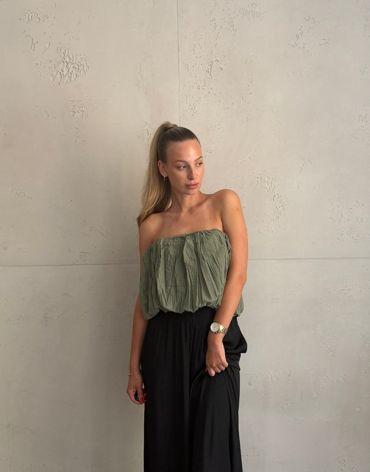 Schulterfreies Bandeau Top mit breitem Gummizug in Uni - Switch-Fashion