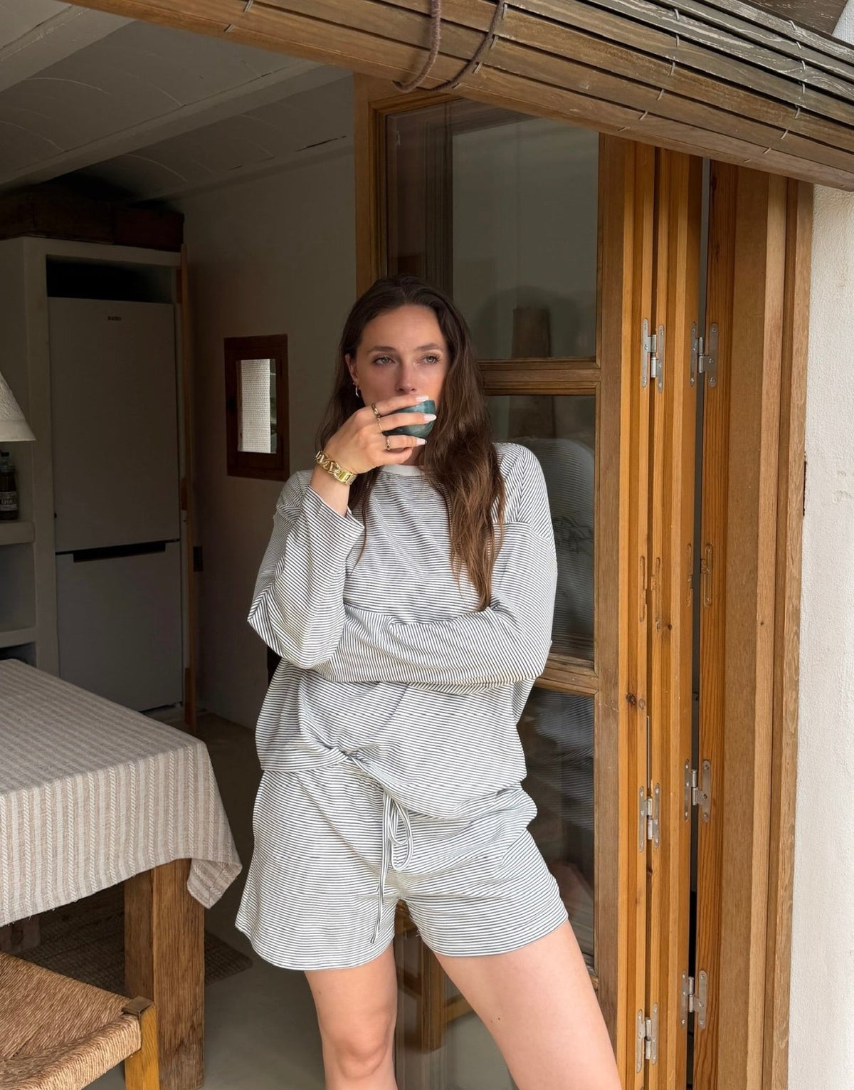 Striped Lounge Set – Longsleeve & Shorts, 95% Lyocell - Switch-Fashion