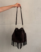 Suede Bucket Bag mit Fransen – 100% Leder, Dunkelbeige - Switch-Fashion
