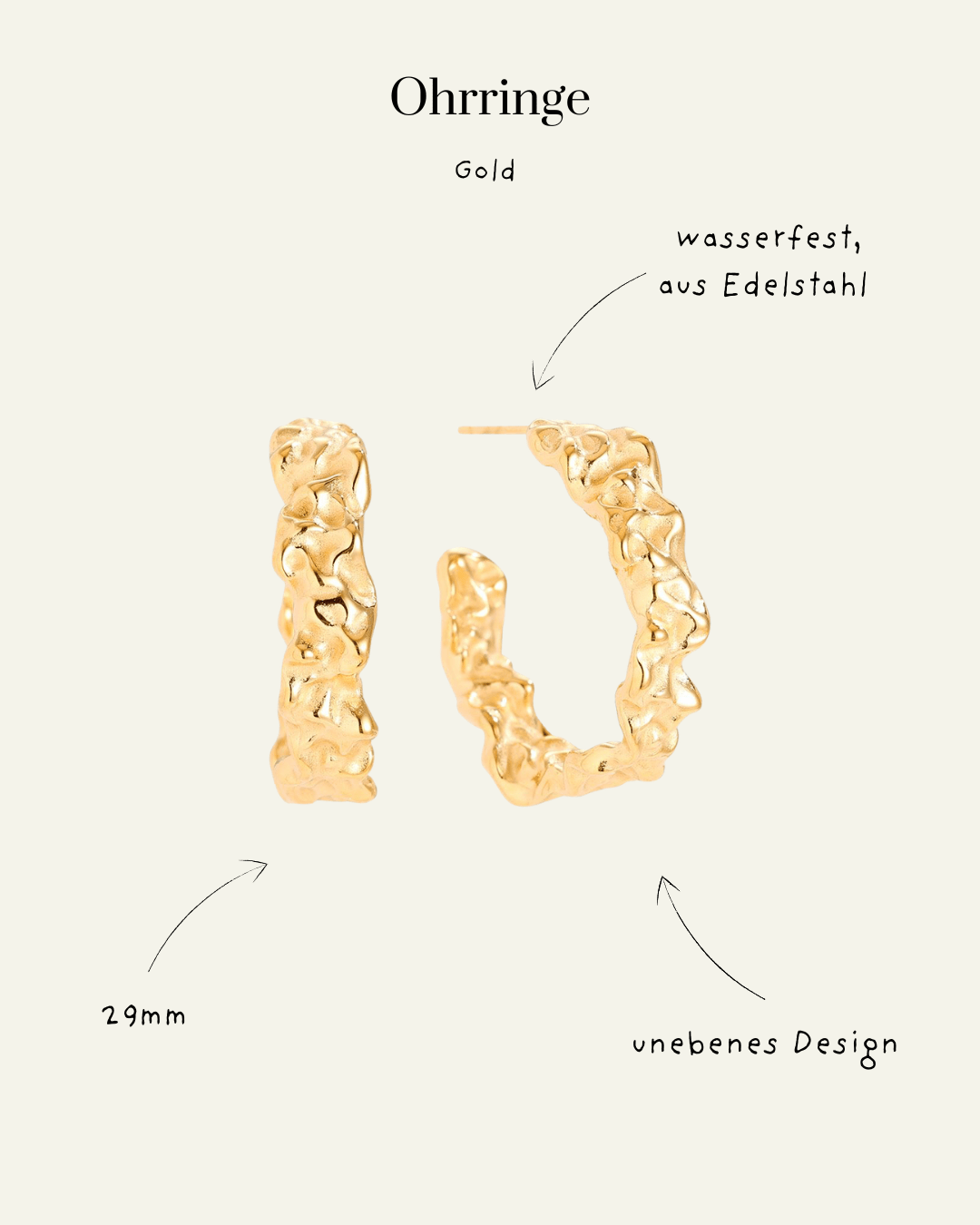 Uneven Half Hoop Earrings – Edelstahl, Gold, 29mm - Switch-Fashion