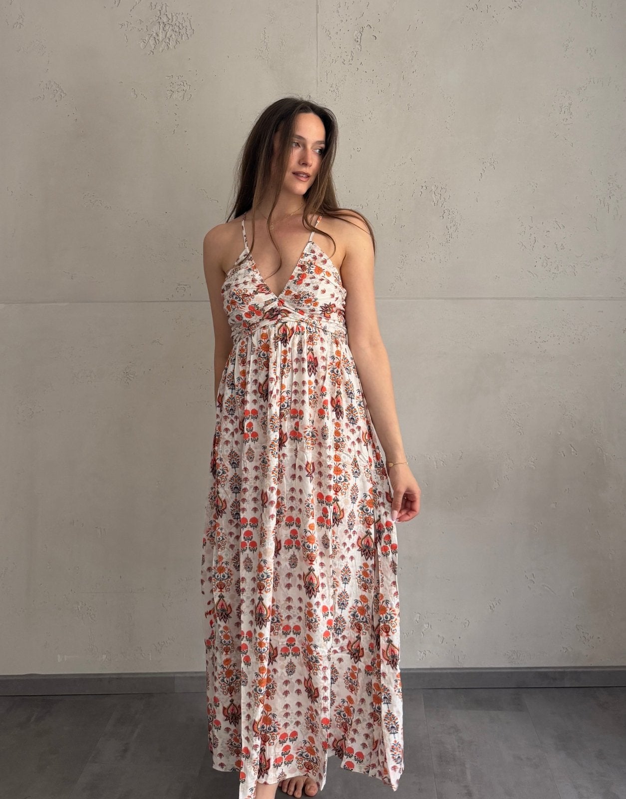 Viskose Blumenkleid mit Spaghettiträgern – Blumenmuster in Orangetönen - Switch - Fashion