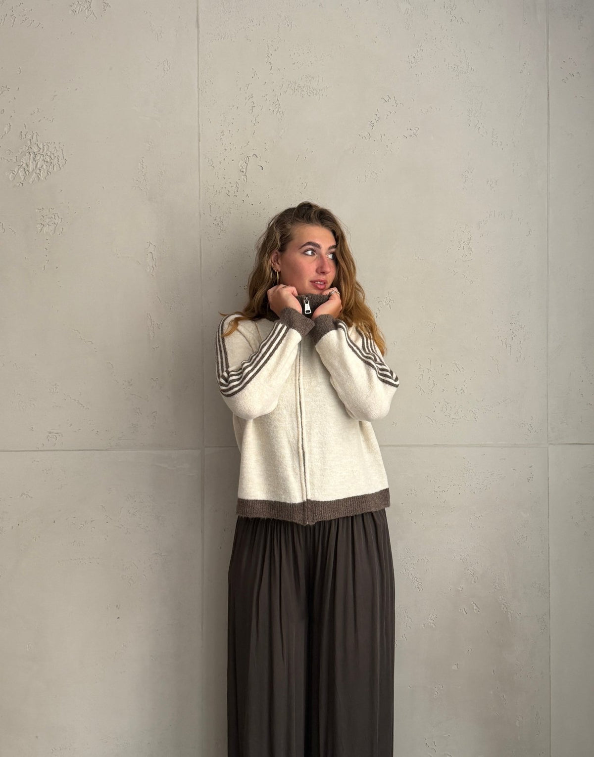 Zip Strickjacke mit Ärmelstreifen – Stehkragen, Super Weich - Switch-Fashion