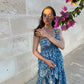 Dress Aqua: Blaues Kleid mit Stickerei und Neckholder Schnürung aus Seide 
